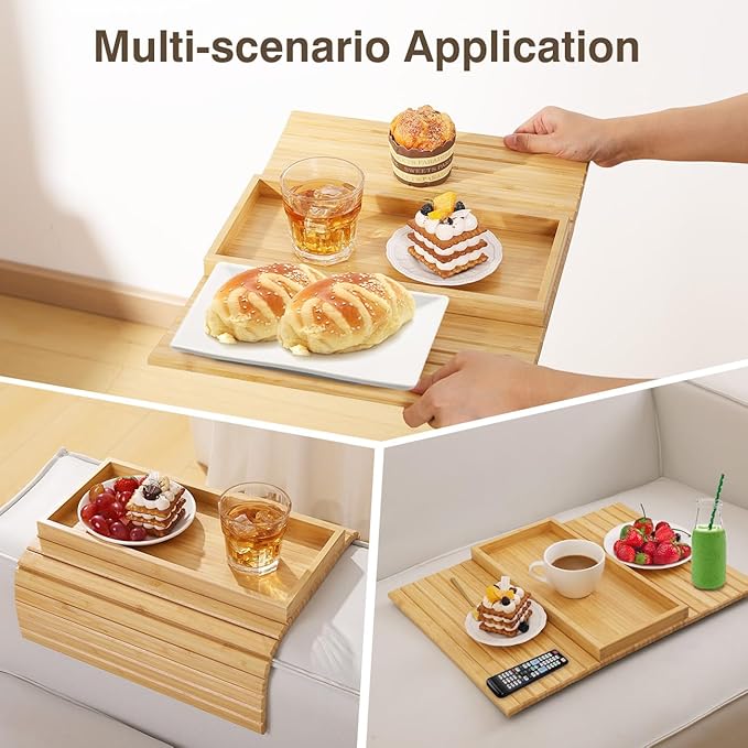 Couch Arm Tray, Bamboo Sofa Tray Table for Couch, Sofa Armrest Table, Anti-Slip Armrest Organizer, Foldable Couch Cup Holder for Snacks, Phone, Control, Cups, Natural