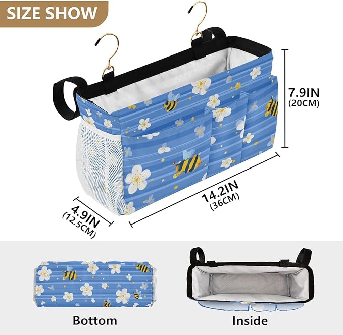 Blue Striped Sakura Bees Bedside Caddy for Dorm Bed Bedside Hanging Caddy Bag Iron Frame Storage Organizer Pocket for Bunk Home College Hospital Beds 2 Hooks