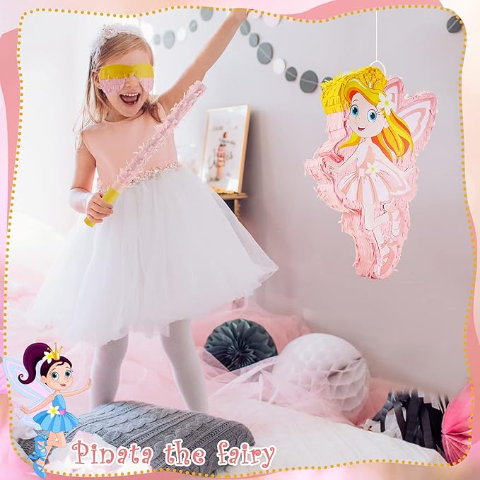 Lewtemi 4 Pcs Fairy Princess Piñata Set 15.7 x 12.5 x 3" Pink Piñata with Stick Blindfold Colorful Confetti, Small Piñata for Girl Princess Theme Birthday Party Supplies, Baby Shower, Kid Piñata Party
