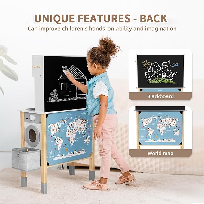 Kids Kitchen Playset with Garbage Classification, Wooden Pretend Play Kitchen with Sound and Light, Kitchen Set for Kids Equipped with Blackboard, Worldmap ect., Gift for Boys and Girls Aged 3+