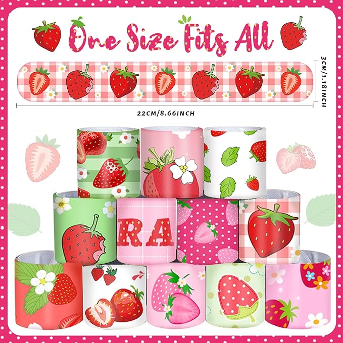 48PCS Strawberry Party Favors Slap Bracelets Berry First Birthday Party Supplies Decorations for Baby Shower Strawberry Party Sweet 1st Birthday Party Strawberry Party Summer Party