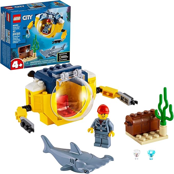 LEGO City Ocean Mini-Submarine 60263, Underwater Playset, Featuring a Toy Submarine, Pirate Treasure Chest, Hammerhead Shark Figure and a Pilot Minifigure, Great Gift for Kids (41 Pieces)