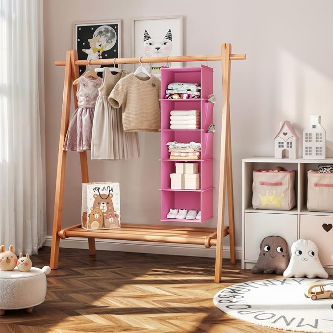 YOUDENOVA Hanging Closet Organizer, 5-Shelf Closet Hanging Storage Shelves, Light Pink