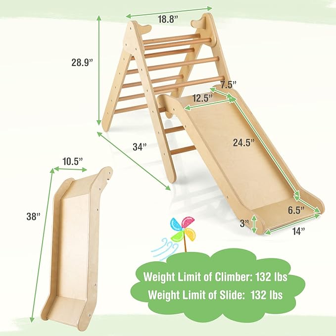 HONEY JOY Triangle Climber with Ramp, Kids Climbing Triangle Ladder for Daycare, Gym & Playground, Wooden Montessori Climbing Toys for Toddlers, Gift for Boys Girls