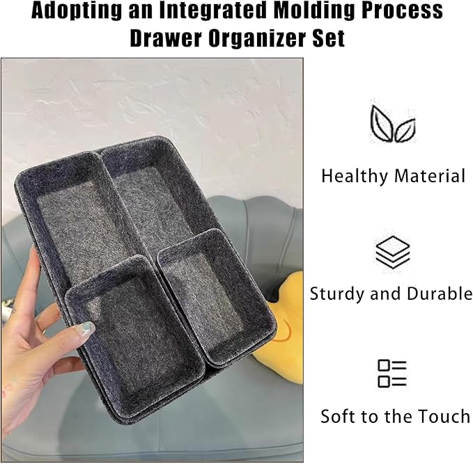 Felt Drawer Organizer Set, 8PCS Desk Drawer Storage Bins for Office, Kitchen, Dresser, and Makeup — Soft Fabric Drawer Dividers for Neat Organization (Dark Gray)