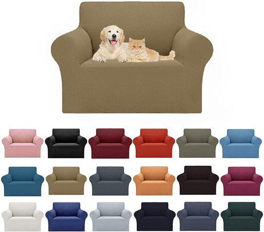 2025 New Stretch Chair Sofa Slipcovers Couch Cover for 1 Seater Furniture Protector Sofa Covers with Elastic Bottom Jacquard Fabric Small Checks for Pets, Kids - Tan