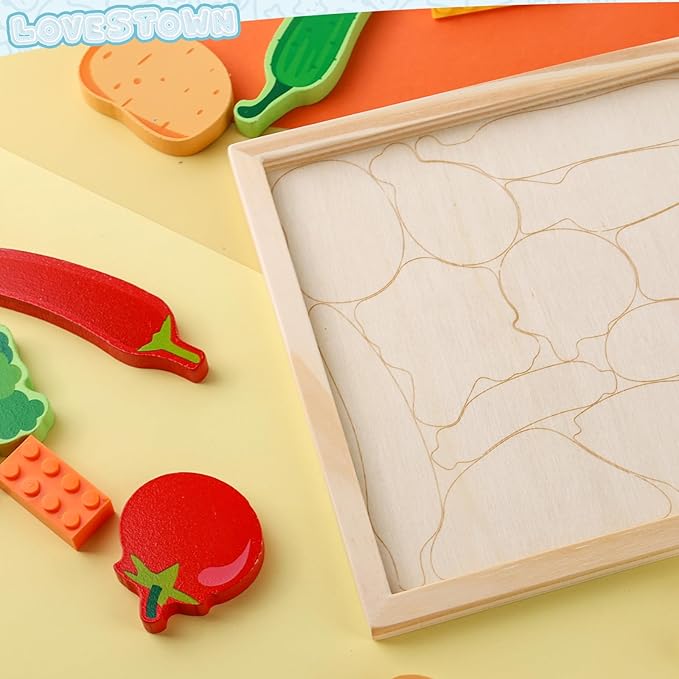 LovesTown 12PCS Wooden Food Stacking Puzzles, Chunky Jigsaw Puzzles, Montessori Toys Educational Preschool Activities Fine Motor Toys for Kids