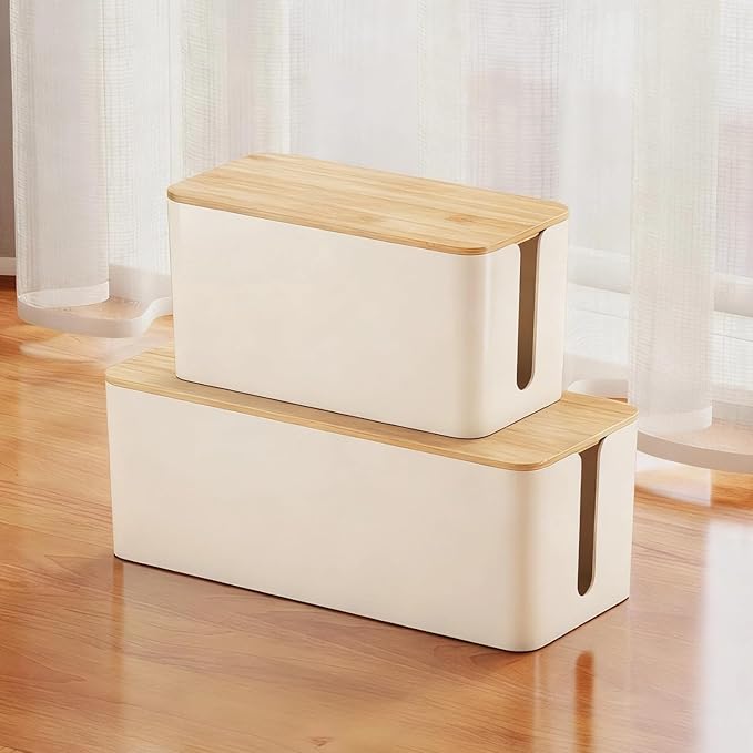 Delamu 2 Pack Cable Management Box Wooden, Wood Box with Lid Safe ABS Cord Hider Box Medium and Small Cable Organizers for Cords, Cable Raceways Power Strip Cover Box Baby Pet Proof for Home Office