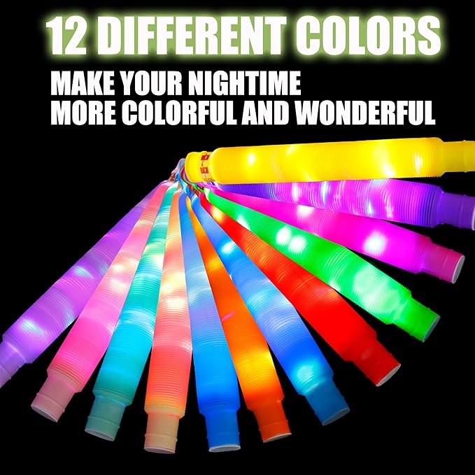 24 PCS Light Up Pop Tubes for Kids, 12 Colors Glow Sticks Bulk Party Pack, Glow Necklaces Bracelets for Toddlers, Party Supplies Party Favors,Valentine's Day Birthday Wedding Decorations