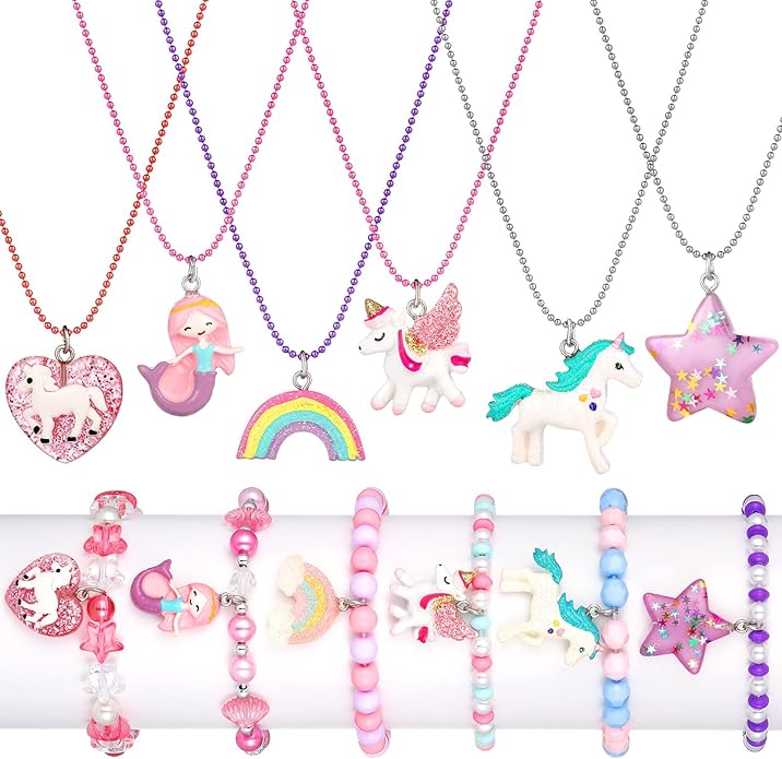 Bonuci 12 Pcs little Girls Jewelry Kids Necklaces and Bracelets Set Kids Jewelry for Girls Christmas Gift Cute Charm Toddler Bracelets for Pretend Play Dress Up Party Favors
