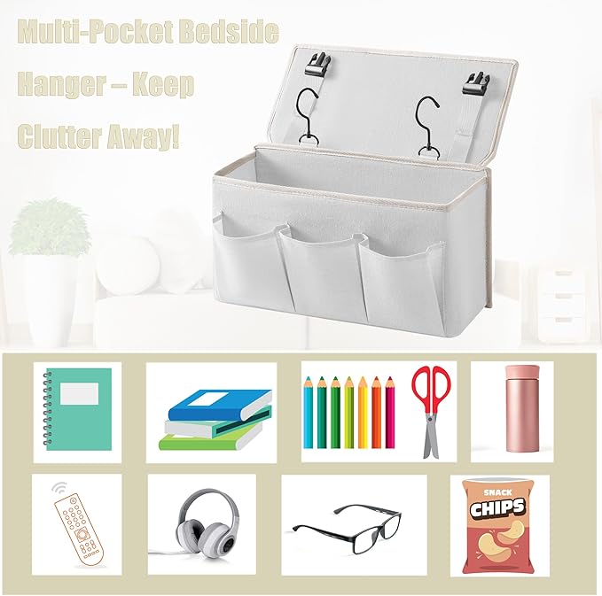 Bedside Caddy / Bedside Storage Organizer Hanging Bag with Three Options,Suitable for home beds, sofas, and dormitory beds—can hold magazines, books, phones, iPads, remote controls. (White)