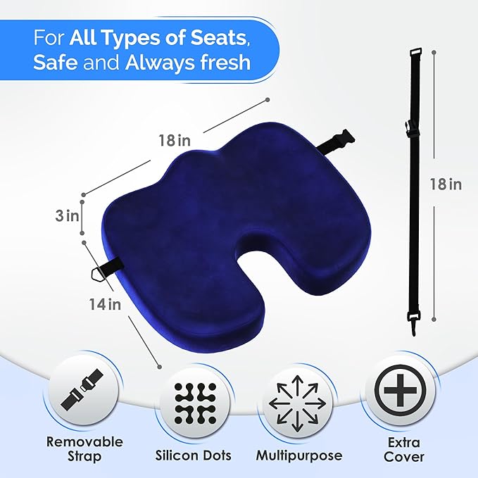 Gel Seat Cushion – Navy Blue Flannel Pillow with Velvet Removable Cover – Ergonomic Sponge Support for Office, Car & Home