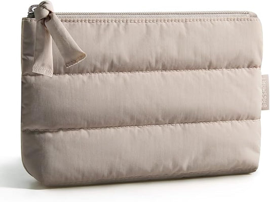 BAGSMART Small Makeup Bag, Puffy Portable Cosmetic Pouch with Charm Zipper, Water-Resistant Travel Organizer for Women (Camel, Small)