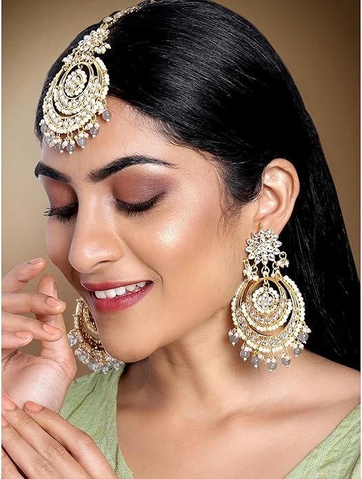 Aheli Bollywood Ethnic Chandbali Style Big Earrings Maang Tikka Set Traditional Fashion Jewelry Gift for Women