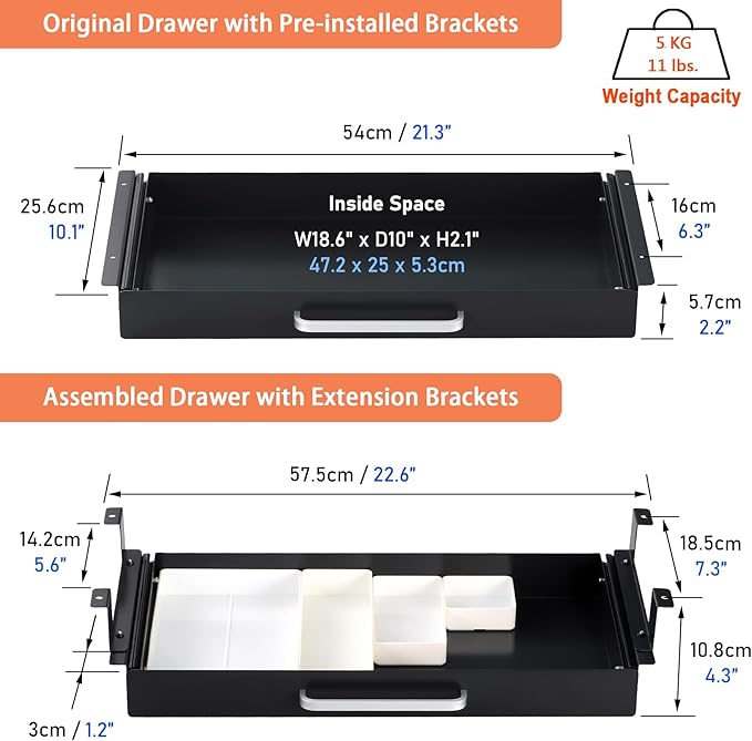 OSteed Under Desk Drawer Black 21" with 4 Divider Trays, Under Shelf Pencil Drawer Pull-out, Standing Desk Metal Storage Attachment Slide Out for Workbench