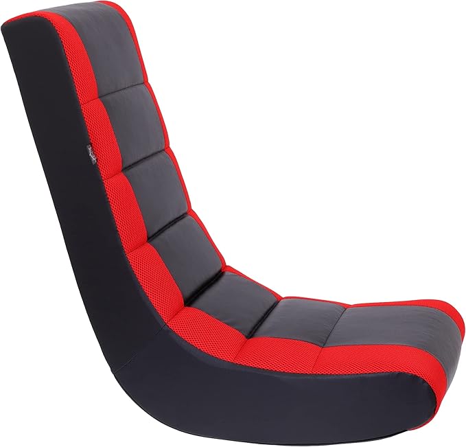The Crew Furniture Classic Video Rocker Floor Gaming Chair, Kids and Teens, Racing Stripe PU Faux Leather & Polyester Mesh, Black/Red