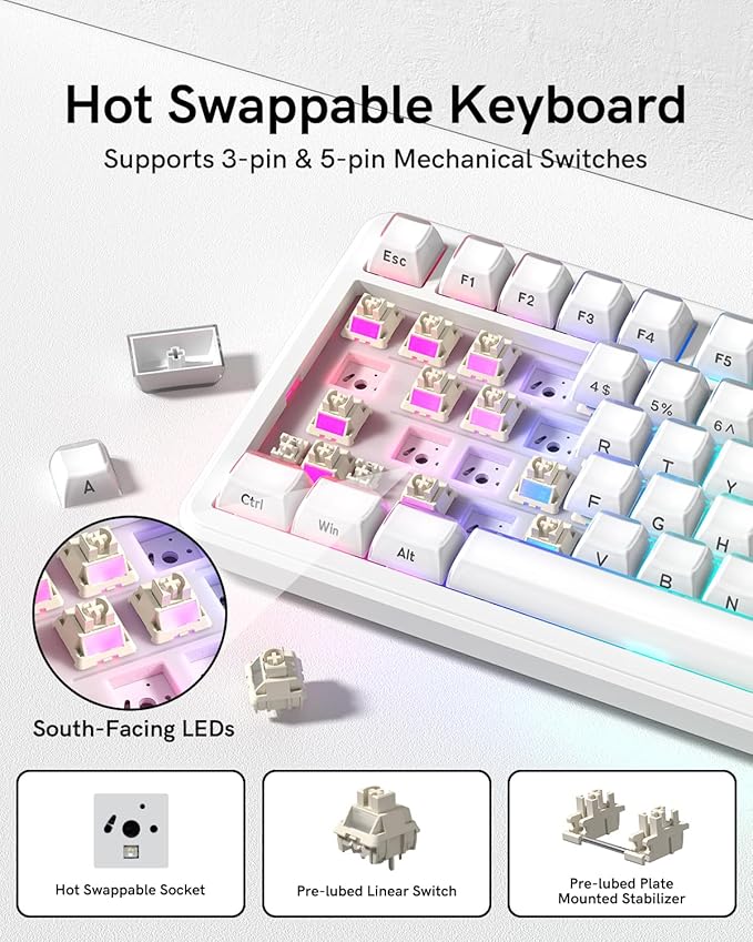 L75 Wireless Mechanical Keyboard with Knob, 75% Hot Swappable Custom Gaming Keyboard Gasket Structure with RGB Backlit, Pre-lubed Switches, Crystal Jelly PBT Keycaps, 2.4GHz/USB-C/BT5.0 Mode