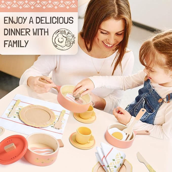 Giant bean Play Dishes for Kids Kitchen, Wooden Kitchen Toys Set Including Play Dishes, Pot and Pan, Utensils, Montessori Play Accessories for 3 4 5 Years Old Girls and Boys Gifts