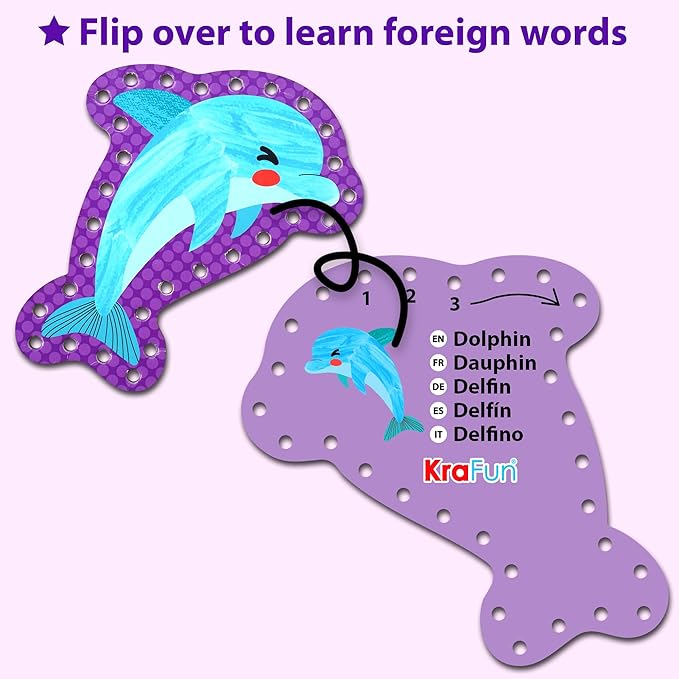 KRAFUN Beginner Mermaid Lacing Card Kit for Kids Arts & Crafts, 5 Easy Mermaid, Animal Lacing Projects, Lacing Cards for Toddlers, Fine Motor Preschool Skills Toys