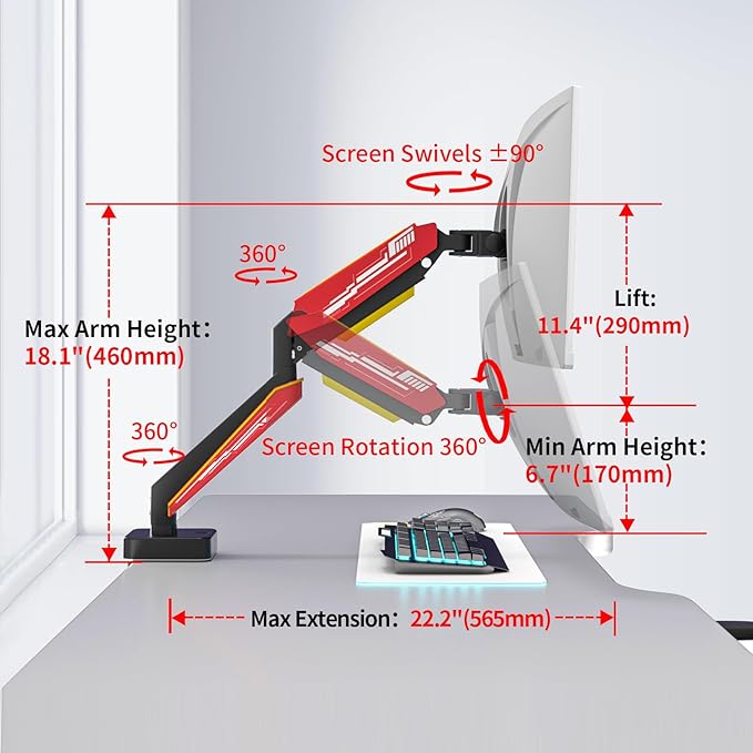 Heavy Duty Monitor Arm for Ultrawide Screen up to 49 inches,44 lbs,Gas Spring Desk Mount Stand, Premium Fully Adjustable Bracket with C Clamp, Grommet Base, VESA 75x75/100x100mm (Black)