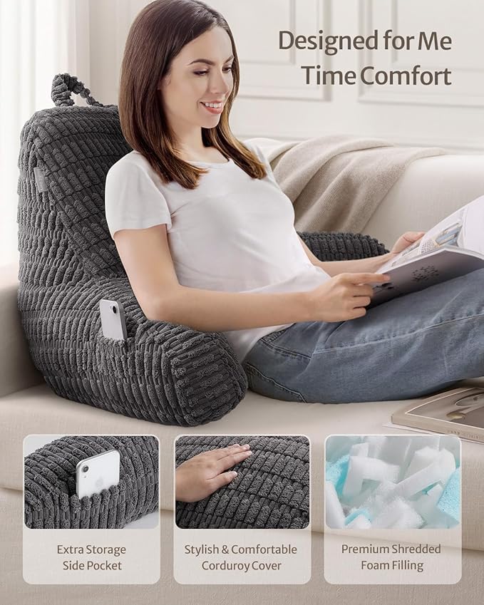 Blissful Diary Reading Pillow, Large Backrest Pillow with Shredded Memory Foam for Adult & Children, Designed for Bed and Couch Sitting Up, Includes Arms, Pockets and Washable Cover, Dark Gray