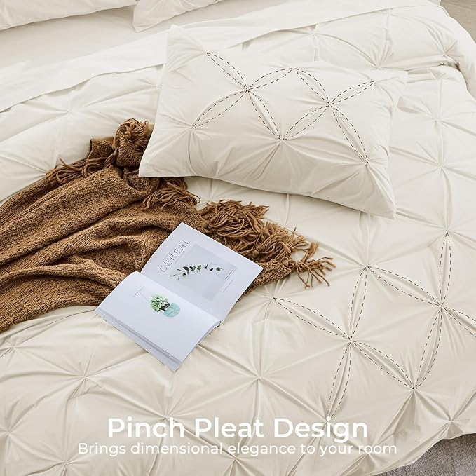 Sasttie Twin Comforter Set, 5-Piece Bed in a Bag, Pintuck Bedding Sets for All Season, Includes Comforter, Flat Sheet, Fitted Sheet, Pillowcase and Pillowsham, Beige
