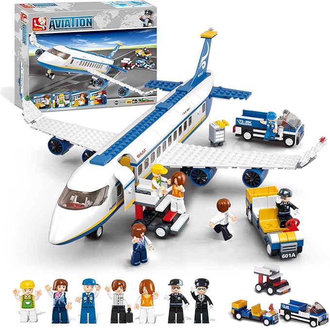 City Passenger Airplane Building Set for Boys 6+ 8+ 12+, City Plane Airport Playset with a Large Aircraft, Passenger Bus, Luggage Truck, Container Loader, 7 Minifigures, Compatible with Lego City