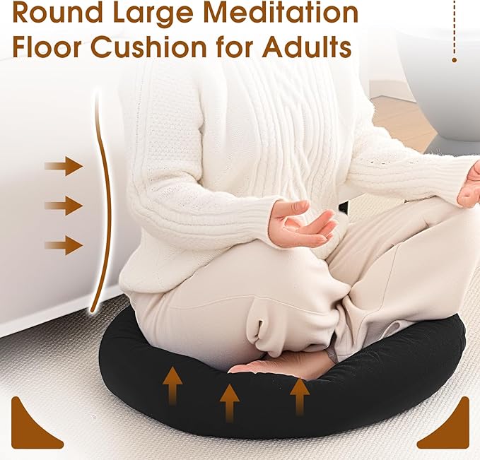 2Pcs Floor Pillows for Adults, 22x22 Inch Meditation Cushions, Large Round Sitting Cushion Living Room Memory Foam Pillow for Sitting (2, Black, 22x22x4 Inch)