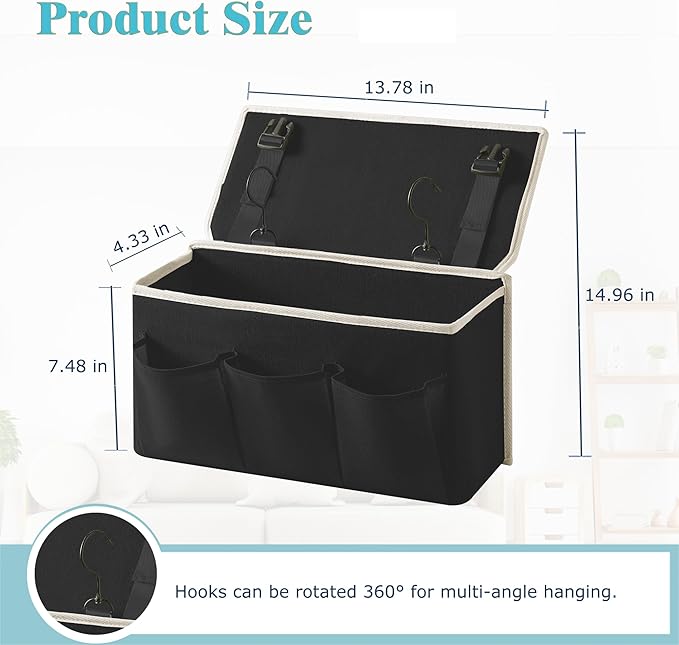 Bedside Caddy/Bedside Storage Organizer Hanging Bag with Three Options,Suitable for home beds, sofas, and dormitory beds—can hold magazines, books, phones, iPads, remote controls. (Black)