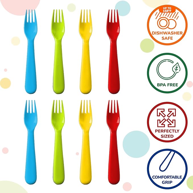 Plastic Toddler Forks - Set of 16 BPA Free/Dishwasher Safe Kids Utensils Brightly Colored Flatware Great for Kids