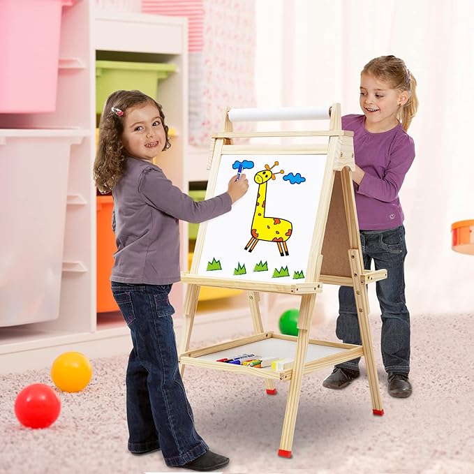 Kids Easel Wooden Art Easel Adjustable Standing Easel Double-Sided Drawing Easel with Paper Roll Chalkboard & Whiteboard for Kids Toddlers Birthday Holiday Gifts.