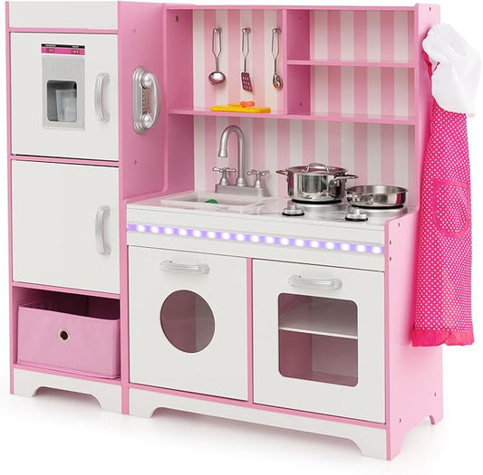 KOTEK Play Kitchen with Lights and Sounds, Wooden Toddler Kitchen Playset w/Ice Maker, Washing Machine, 16 Accessories & Stove, Chef Pretend Play Toy Kitchen Set for Kids Girls & Boys Ages 3+ (Pink)