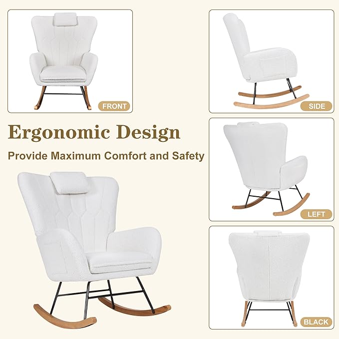 VECELO Rocking Chair Nursery with Thick Headrest, Modern Teddy Upholstered Reading Glider Rocker Accent Armchair with High Backrest, Padded Seat, Side Pocket, for LivingRoom, Bedroom, Baby Room, White