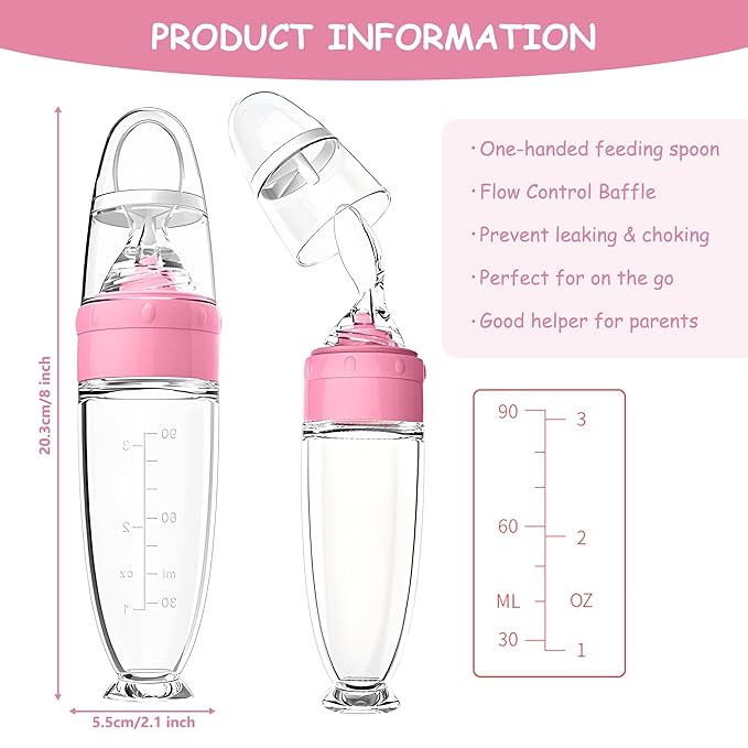 WAJIAYON Baby Food Feeder 4 Pack Silicone Baby Food Dispensing Spoon-3 oz Squeeze Feeding Spoons with Suction Cup for Boys Girl Kids Toddlers - Self Feeding Bottle Spoon-Peach Pink