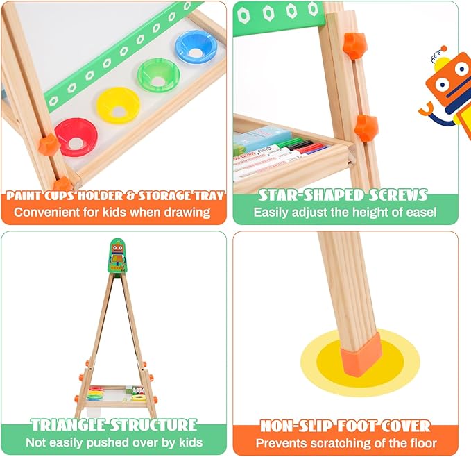 Kids Wooden Easel Foldable Double Sided Whiteboard Blackboard Children Art Easel with Storage, Height Adjustable Easel for Boys Girls Painting and Writing with Gift Packs (Green robot)