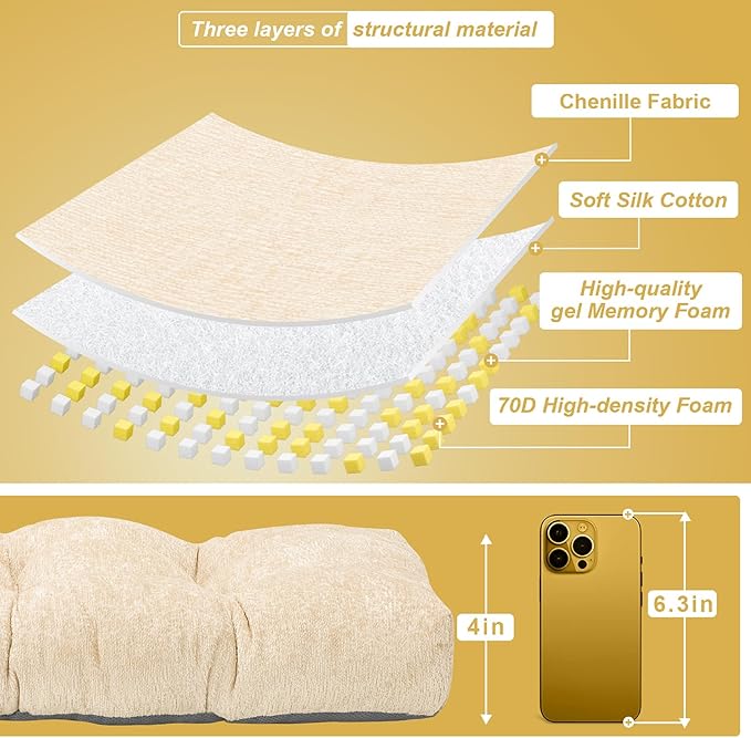 Bench Cushion 36 Inch - Luxury Chenille, High-Density Memory Foam, Non-Slip Bottom, Soft Durable Indoor Tufted Long Seat Cushion for Window Garden Furniture (Ivory, 36x14x4 Inch)