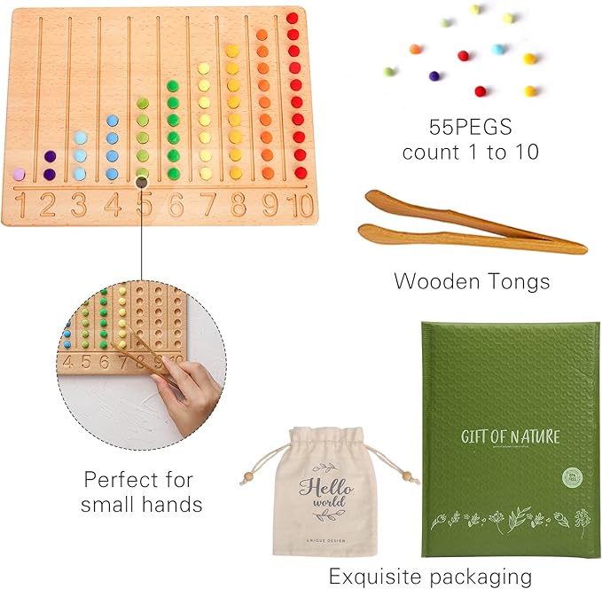ibwaae Wooden Number Tracing Board Set Beads Counting Game Preschool Math Game Color Sorting Toys for Kids Fine Motor Skill Montessori Toys for Toddler(Peg Board)