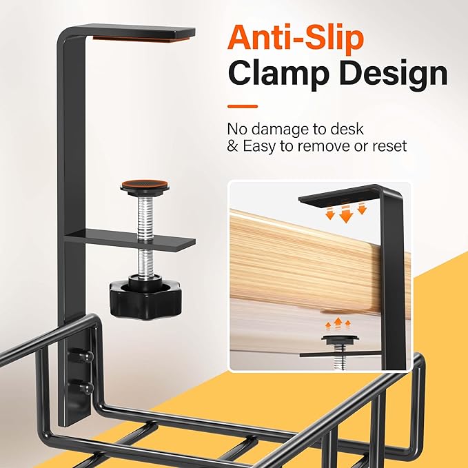 2 Pack Cable Management Under Desk Tray, 31.4" No Drill Under Desk Wire Management with Upgraded Clamp, Metal Cord Organizers for Desk with Cable Organizers, PC Cable Management Rack, Black