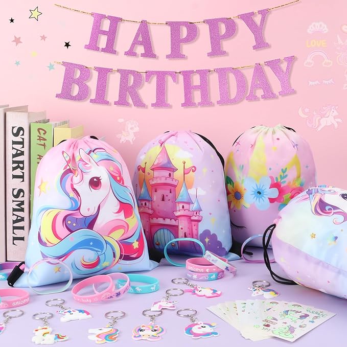 12 Sets Unicorn Party Favors Birthday Supplies for Girls Kids, Drawstring Bag Silicone Bracelet Tattoo Sticker Keychain Unicorn Pinata Filler Goodie Bag Stuffers Unicorn Birthday Party Supplies