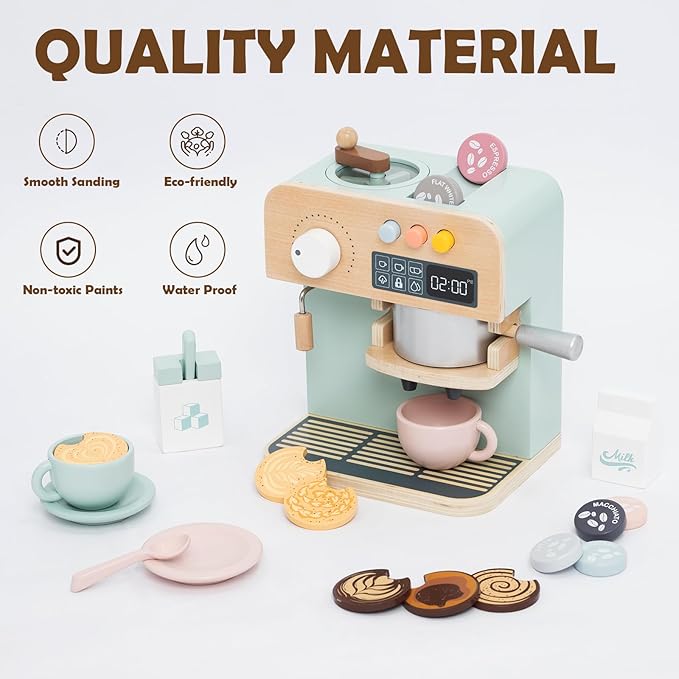 Kids Coffee Maker Playset, 23PCS Wooden Kitchen Toys, Play Kitchen Accessories for Toddler, Espresso Machine Playset Montessori Kitchen Toy, Gift for Boys and Girls 3 4 5 Years