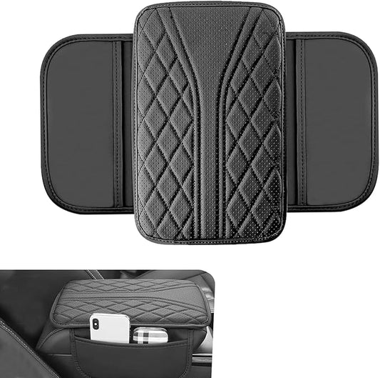 Arwrilt Car Center Console Cover, Leather Automotive Armrest Cushion with 2 Storage Bags, Breathable Armrest Cover, Universal Waterproof Arm Rest Protection Pad for SUV, Sedan, Truck (Black)