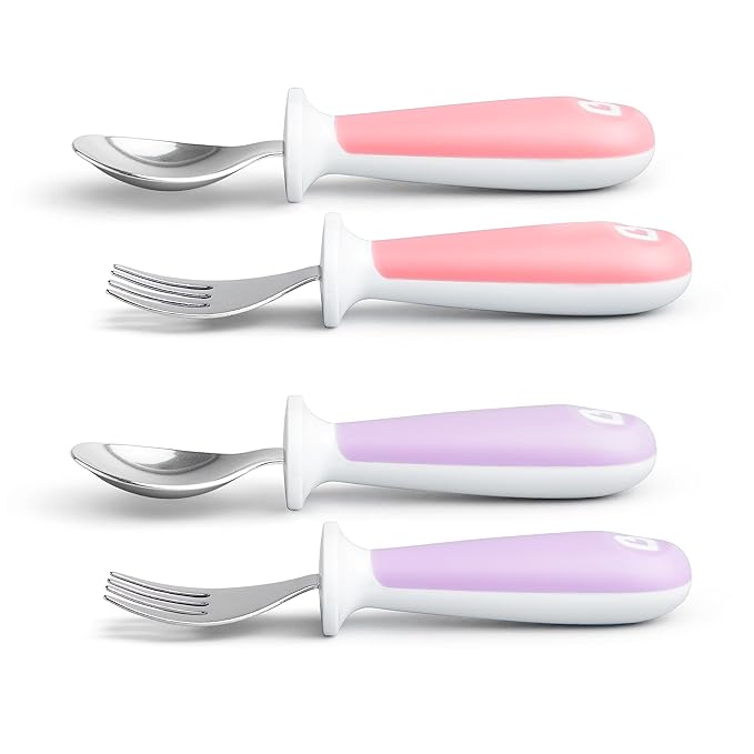 Munchkin® Raise™ Toddler Fork and Spoon Utensil Set, Rest Keeps Tip Off Table, BPA Free, 4 Pack, Pink/Purple