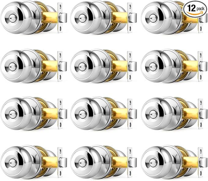 Probrico Polished Chrome Door Knobs, Interior Door Knobs with Round Ball Knob, Nickel Privacy Door Knob for Bedroom Bathroom, 12 Pack