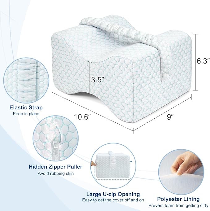 KingPavonini Cooling Knee Pillow for Side Sleepers, Gel Memory Foam Leg Pillows for Side Sleeping with Ice Silk Cover and Strap, Knee Pillow for Back Hip Pain, Spine Aligning, Sciatica, Pregnancy