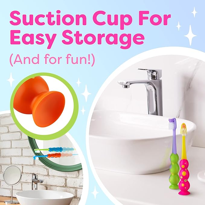 Kids Toothbrush 4 Pack - Soft Bristles with Suction Cup - Toothbrush Kids, Child Sized Brush Heads, 3-10 Year Old Kid Toothbrush with Easy Storage - Toddler, Girl and Boy Set (4-Pack, Multi-Color)