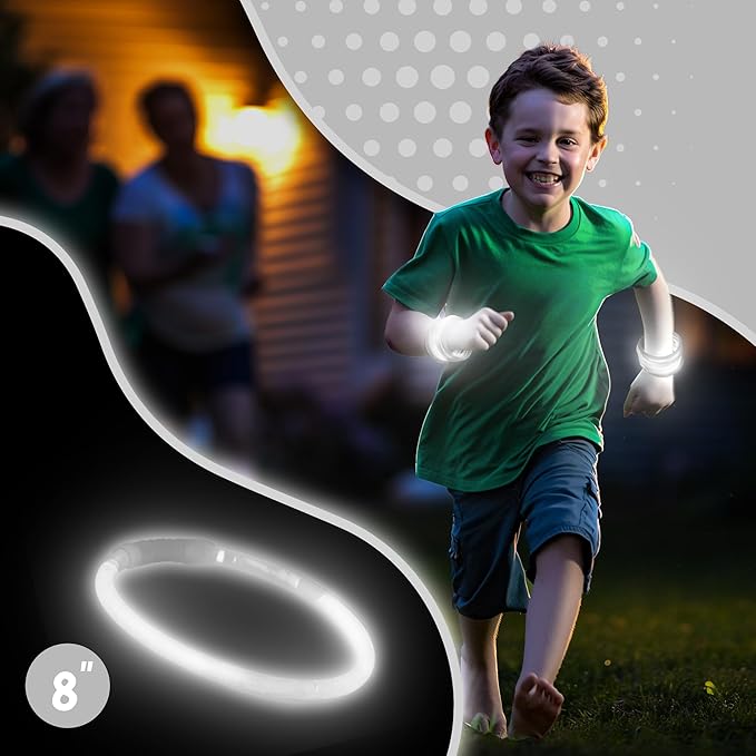 8" Glow Stick Bracelets - Bulk 50 Pack for Mardi Gras, St. Patrick's Day, and Nighttime Celebrations - White