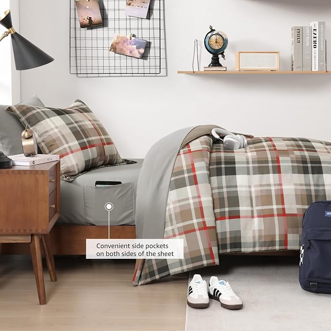 MaiRêve Twin XL Comforter Set, Plaid Design Comforter Set 5 Pieces,Twin XL Comforter for Dorm Farmhouse All Season Lightweight &Comfy with Fitted Sheet, Flat Sheet (Khaki, 66"x90")