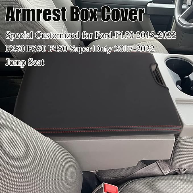 XITER 1PC Leather Center Console Armrest Cover Waterproof Protector Cover for 2015-2026 F150 2017-2026 F250 F350 F450 Super Duty with 40/20/40 Jump Seat(Red Stitches)