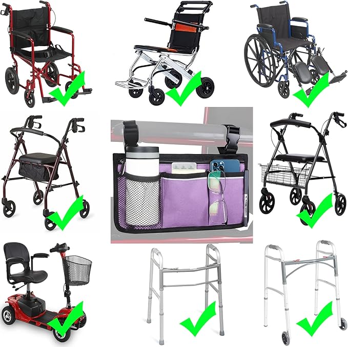 Wheelchair Side Bag, Armrest Storage Pouch with Cup Holder and Reflective Strip Use of Waterproof Fabric, for Most Wheelchairs, Walkers or Rollators (Purple)