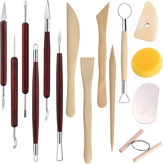 Hearty Ceramic 15PCS Pottery Carving Tools, Air Dry Polymer Clay Sculpting Tools Set, Pottery Trimming Tools with Smooth Wooden Handles, Clay Tool Kit for Kids Adults Beginners Professionals